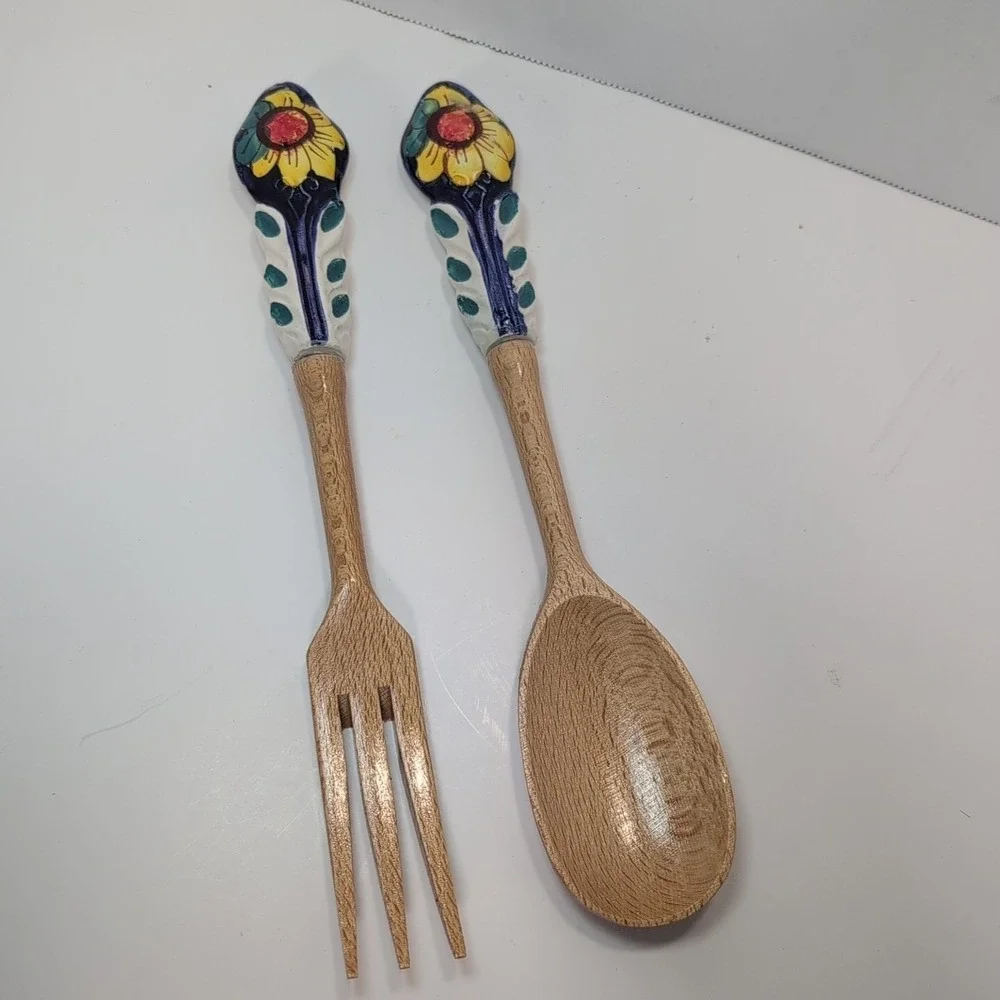 Assisi Serving Spoon & Form Wooden Ceramic HAndle Blue Sunflower Floral Folk Art